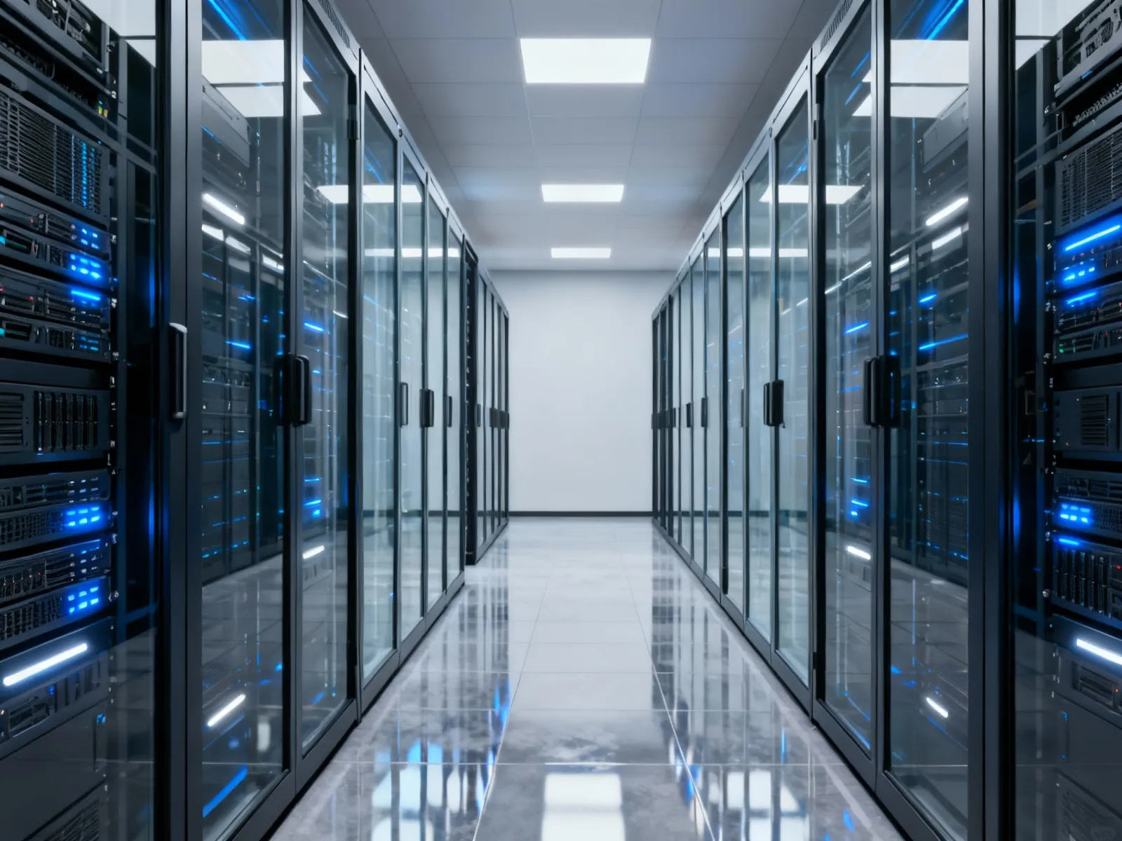 Realistischer Rechenzentrum-Gang mit moderner Server-Infrastruktur